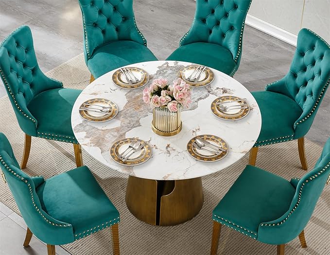 7-Piece Faux Marble Round Dining Table Set for 6, Modern Luxury Kitchen Table Set for 6 with Green Tufted Chairs,Circle Dining Tables with Pandora Grain Top and Bronze Pedestal Base