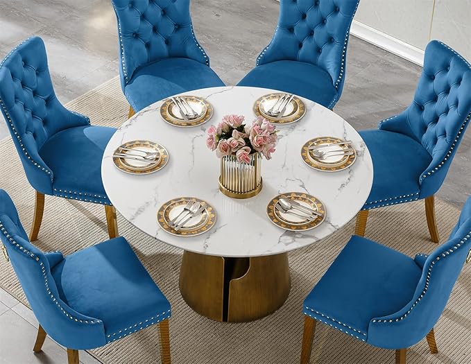7-Piece Faux Marble Round Dining Table Set for 6, Modern Luxury Kitchen Table Set for 6 with Blue Tufted Chairs,Circle Dining Tables with White Marble Grain Top and Bronze Pedestal Base