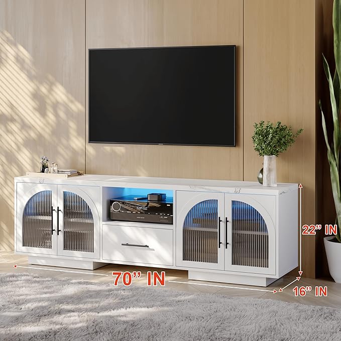 70" TV Stand for 75 Inch TVs, Modern Entertainment Center with LED Lights and Arched Glass Doors, Faux Marble Wood Finish, Adjustable Shelves, TV Cabinet for Living Room, White
