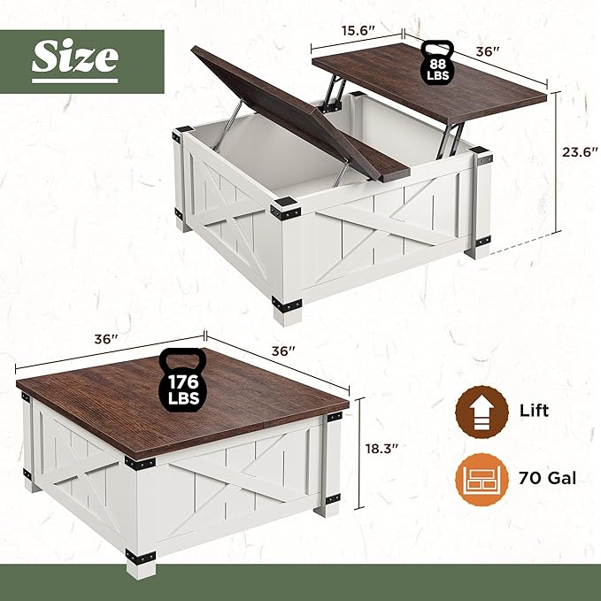 EnHomee Lift Top Coffee Table with Storage, 36" Farmhouse Coffee Tables for Living Room, Square Coffee Table with Large Hidden Space, for Living Room, Bedroom, Home Office, White