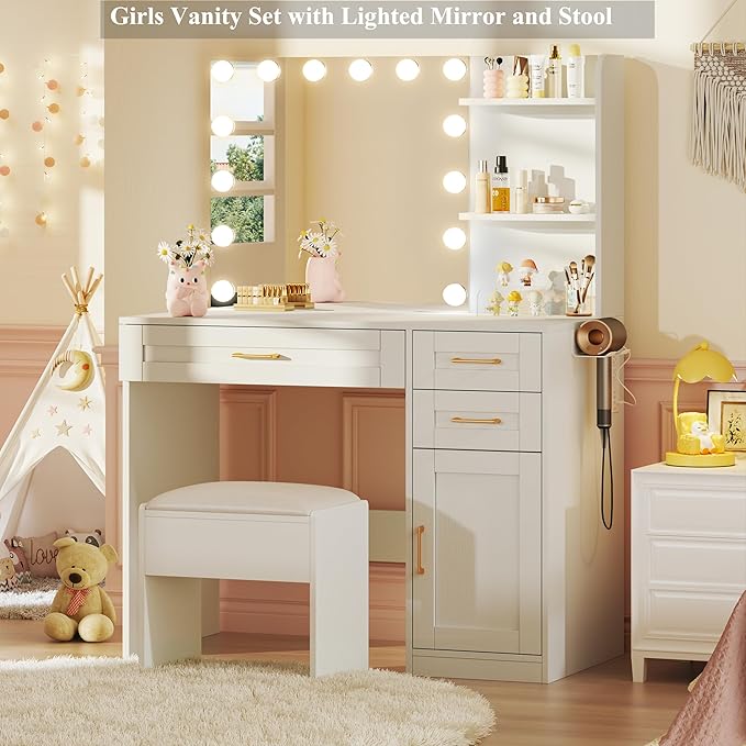 Vanity Desk with Lights, 37inch Makeup Vanity Desk with Mirror & Power Outlet, 3 Colors Lighting Adjustable Brightness, Makeup Vanity Set with Cushioned Chair and Cabinet, 3 Drawers, White
