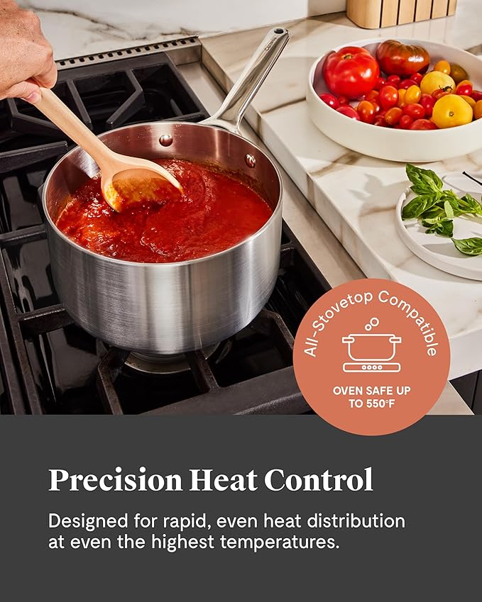Caraway Stainless Steel Sauce Pan (3 Qt) - 5-Ply Stainless Steel - Oven Safe & Stovetop Agnostic - Non Toxic, PTFE & PFOA Free
