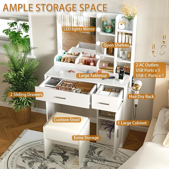 Vanity Mirror with Lights Desk and Chair: Make up Vanity with Mirror and Lights, Vanity Dresser with Drawers and Stool, for Bedroom Dressing Room (White)