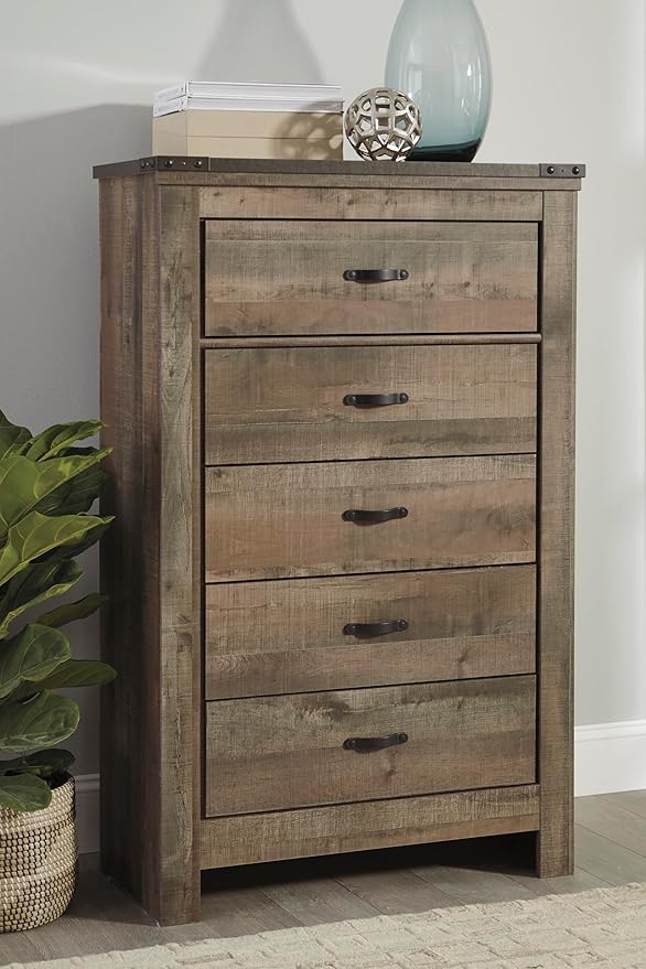 Signature Design by Ashley Trinell Rustic 5 Drawer Chest of Drawers with Nailhead Trim, Warm Brown