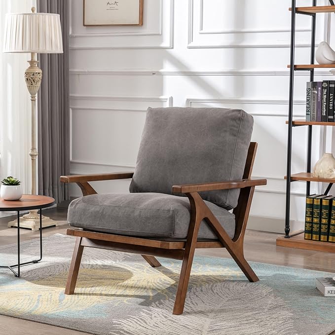 Wahson Mid Century Chair, Upholstered Accent Armchair, with Wood Frame and Canvas Cushions, Leisure Slipper Chair for Living Room/Bedroom, Grey