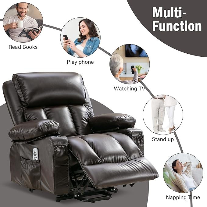FLEXISPOT XL23 Power Lift Recliner Chair with Massage & Heat for Elderly - Large Electric Lift Chair with USB Port, Cup Holders, Side Pockets - Living Room Bedroom Single Sofa(Large Size,Brown)