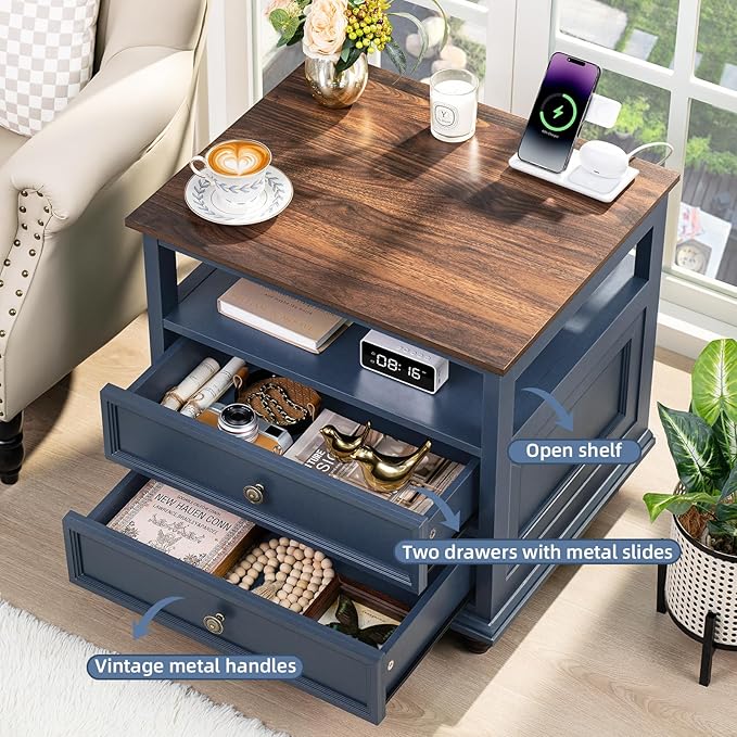 Farmhouse Nightstand with Charging Station, 24" Wide End Table with 2 Drawers, Blue Dresser for Bedroom, Bed Side Table Chest of Drawers Cabinet,Wood Night Stand for Living Room, Closet