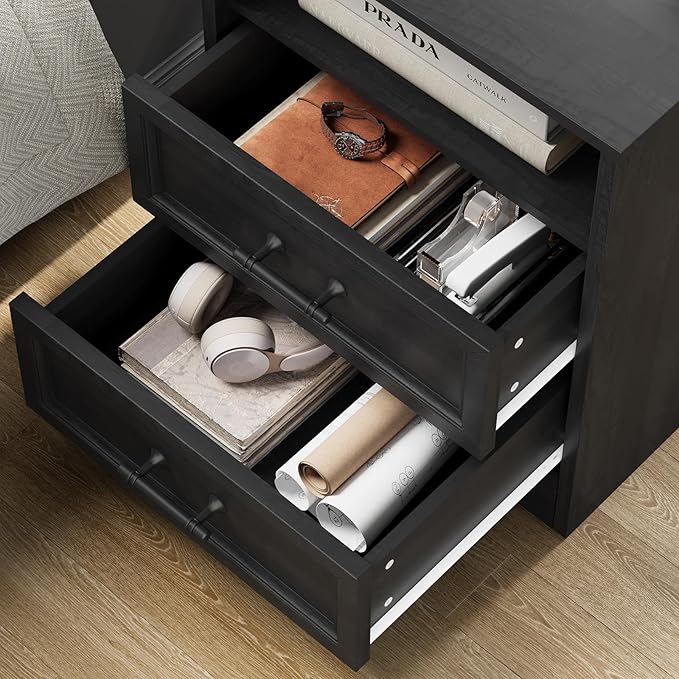 19.7" Night Stand with Charging Station, Farmhouse End Table with 2 Drawers Storage, Black Wooden Nightstand, Bed Side Table with Open Shelf, Bedside Cabinet for Bedroom, Living Room