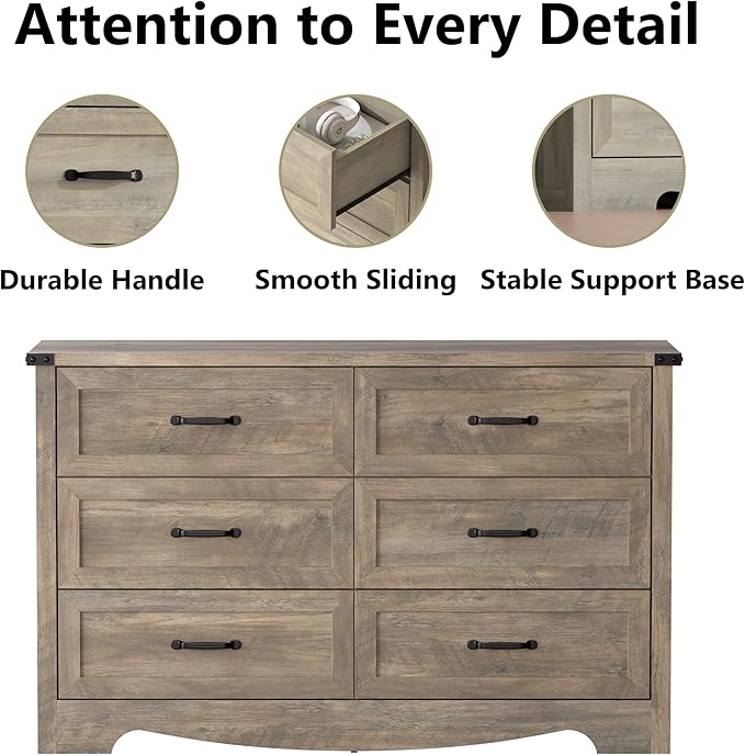 6-Drawer Dresser for Bedroom – 47" Wide Modern Wooden Chest with Natural Wood Texture, TV Stand & Storage, Metal Corner Brackets, Wood Drawer Organizer for Living Room, Hallway