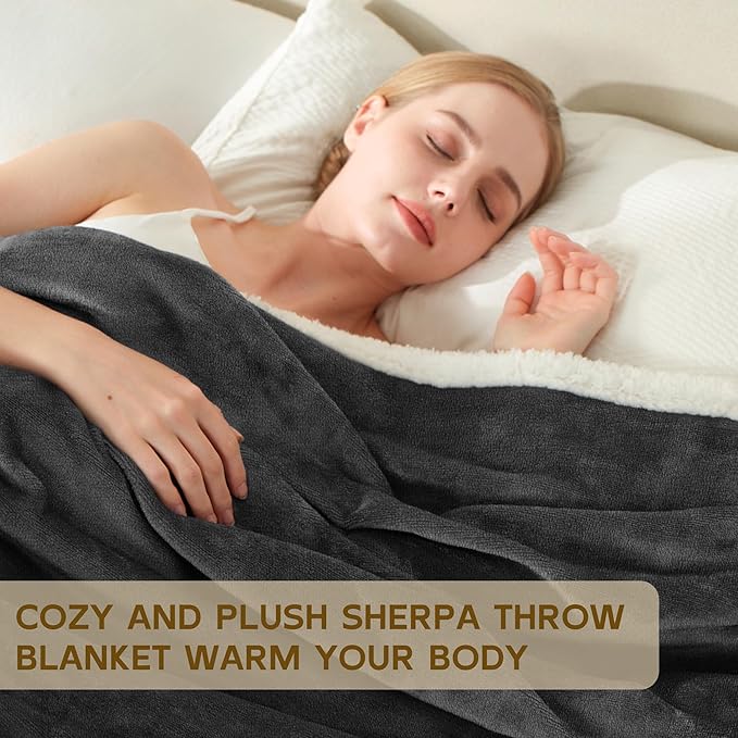 BEAUTEX Sherpa Fleece Throw Blanket Queen Size for Bed - Thick and Warm Blanket for Winter, Fluffy Flannel Plush Queen Blanket, Fuzzy Grey Cuddle Blankets for Bed (90" x 90", Grey)