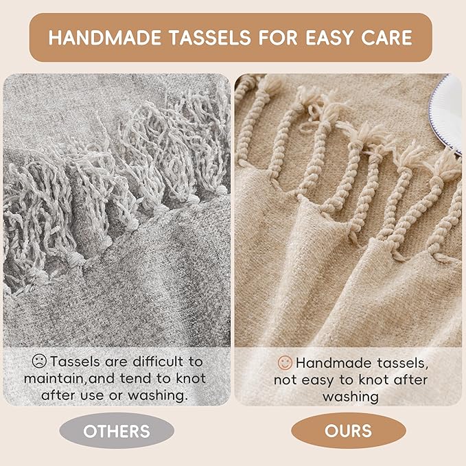 BATTILO HOME Beige Chenille Throw Blanket for Couch, Decorative Fringe Velvety Khaki Tan Throw Blanket for Sofa Home Decor, 50"x60"