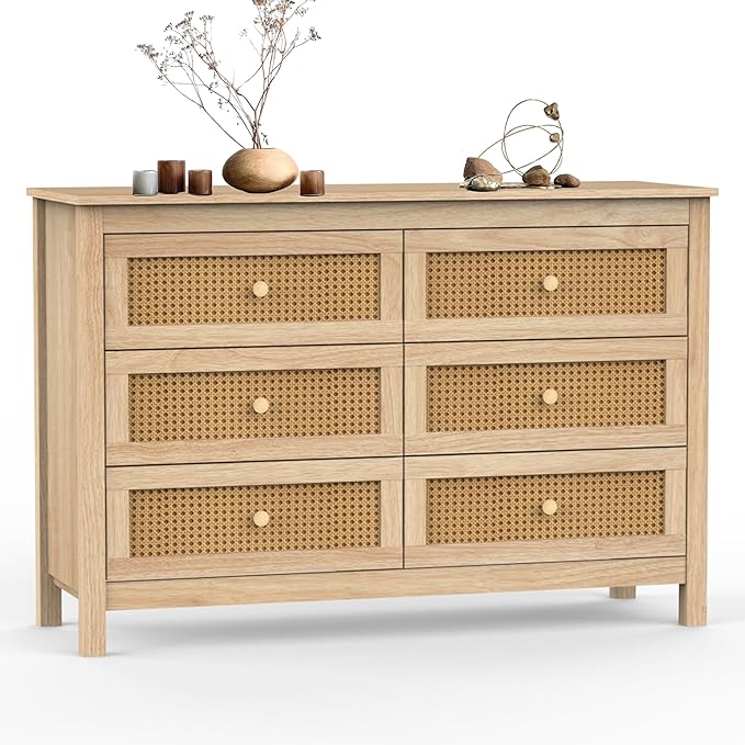 Farmhouse 6 Drawers Dresser, Wood Double Dresser Chest of Drawers Wide Storage Organizer Cabinet for Bedroom, Living Room, Natural