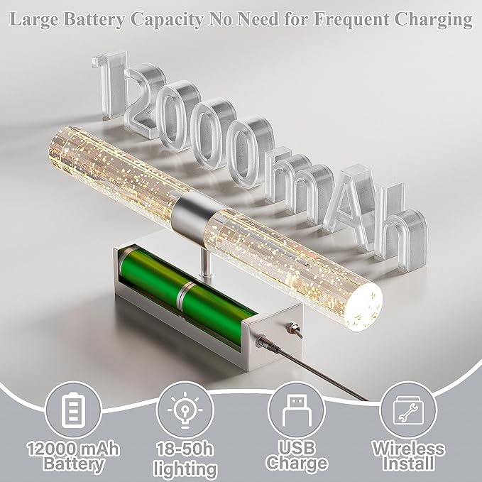 Battery Operated Sliver Wall Sconces Set of 2 Rechargeable Battery Powered Wall Light with 12000mAh Not Hardwired Dimmable Wall Lamp Fixtures for Bedroom Living Room 20.9 Inches