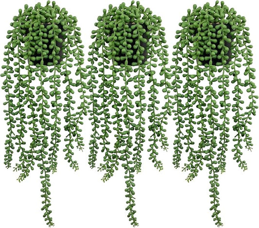 LOYWREE 3Pcs Fake Plants Indoor Artificial String of Pearls Plant in Black Pots, Realistic Green Faux Succulent Hanging Plants for Shelf Decor Desk Home Garden Decorations