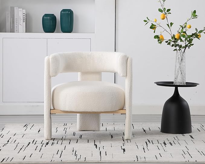 White Boucle Barrel Accent Chair, Comfy Upholstered Living Room Chair Mid-Century Modern Reading Chair with Open Back Round Corner Armchair, Side Sitting Lounge Chair for Bedroom/Office