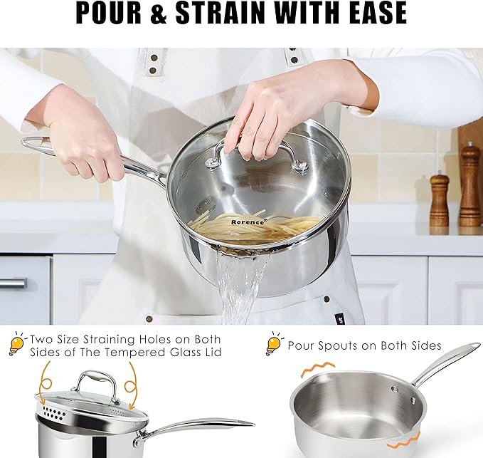 Rorence 3-Quart Saucepan with Lid: Pour and Strain Stainless Steel Sauce Pan with Pour Spouts, Capsule Bottom & Tempered Glass Lid