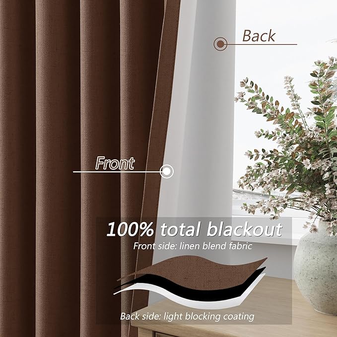 Guken Blackout Curtains 96 Inch Length 2 Panels Set for Living Room Bedroom Back Tab Thermal Insulated 100% Black Out Linen Drapes Room Darkening Window Curtains 96 Inches Long,Rustic Brown