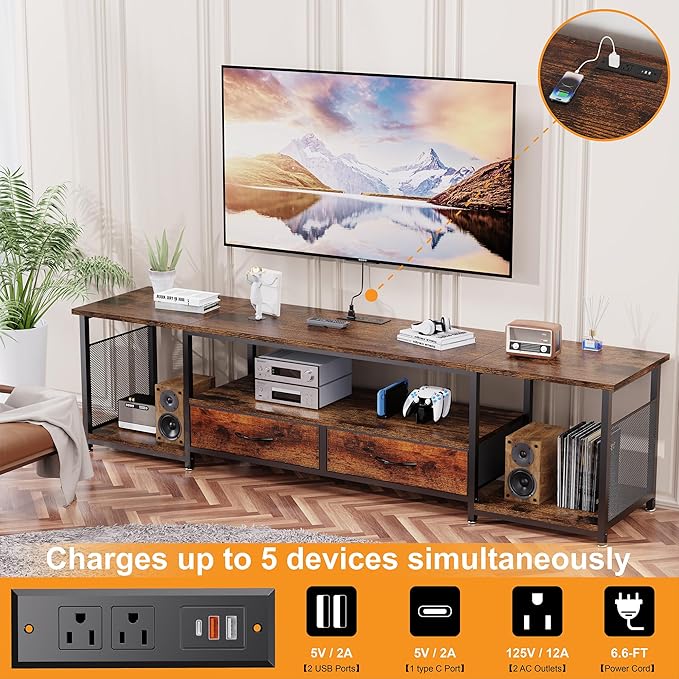 TV Stand with Drawers and Power Outlets for 75 70 65 Inch TV, Entertainment Center with Open Storage Shelves, Industrial Media TV Console Table for Living Room Bedroom Office, Rustic Brown