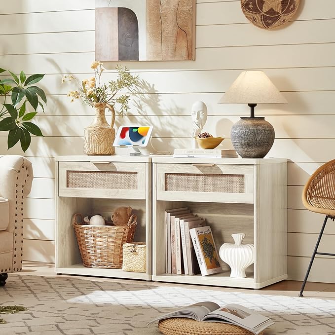LEYAOYAO Rattan Nightstands Set of 2 with Charging Station, 23" Wide Boho Night Stand with Drawer, Grey White Bedside Table Open Cabinet, Bed Side End Table Dresser for Bedroom, Living Room, Hallway