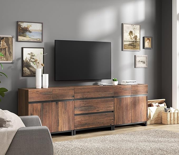 WAMPAT Modern TV Stand for TVs up to 100 inch, 3 in 1 TV Console with Adjustable Shelves and 3 Drawers, Media Console for Living Room, Bedroom, Brown