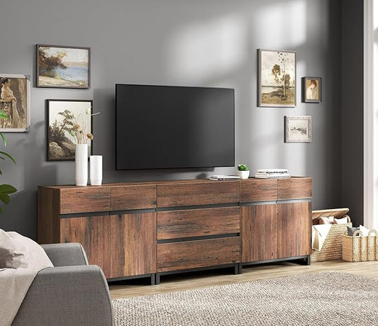 WAMPAT Modern TV Stand for TVs up to 100 inch, 3 in 1 TV Console with Adjustable Shelves and 3 Drawers, Media Console for Living Room, Bedroom, Brown