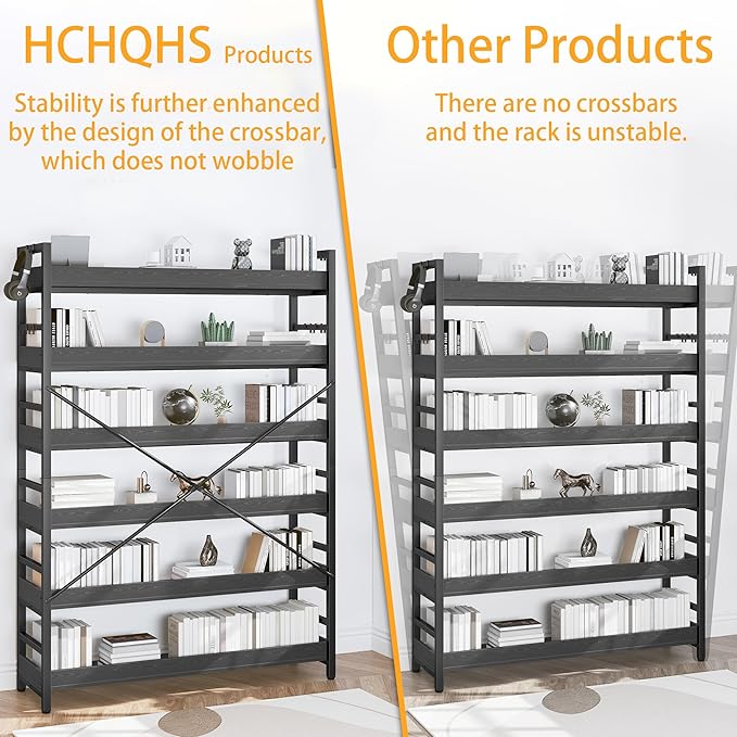 HCHQHS 6 Tier Bookshelf, Adjustable Industrial Bookcase, Vertical Tall Book Shelf, Wood and Black Metal Open Bookshelves for Home Office, Living Room, Bedroom
