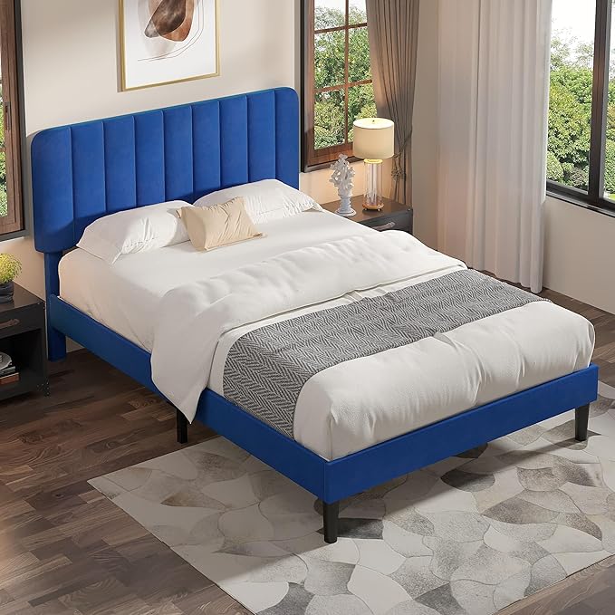 VECELO Full Size Bed Frame with Upholstered Headboard, Velvet Platform Bedframe Mattress Foundation, Strong Wood Slat Support, No Box Spring Needed,Blue