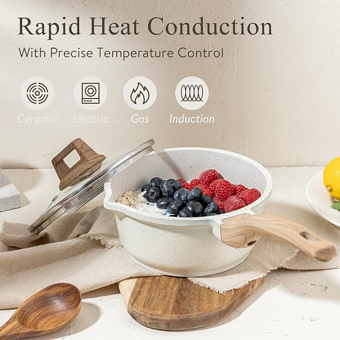 CAROTE 1.8Qt Sauce Pan Sets with Lid Cooking Pots Nonstick Saucepans Cookware Set with Pour Spout Small Kitchen Pot, Induction Comptable, Easy to Clean, PFOA FREE (White Granite)