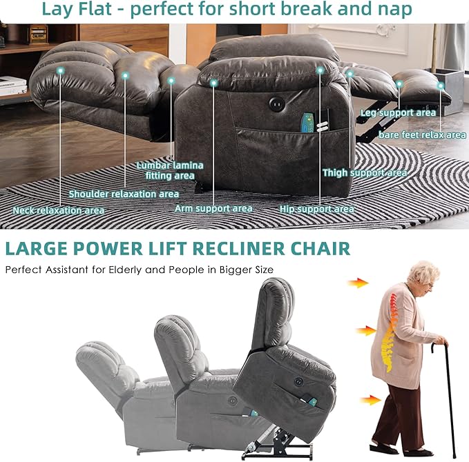 MEETWARM Large Infinite Position Dual Motor Recliner Chair for Big and Tall Elderly, Oversized Lay Flat Sleeper Power Lift Recliner with Massage Heat, 2 Remote Controls/USB Port/Side Pockets(Gray)