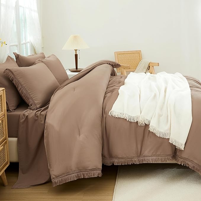 Andency Taupe Queen Size Comforter Set with Sheets - 7 Pieces Boho Tassel Bed in a Bag Soft Lightweight Bedding Sets, Taupe Fringe Bed Set with Comforter, Sheets, Pillowcases & Shams