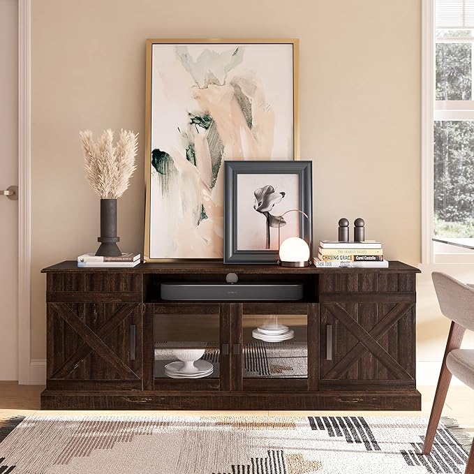 BELLEZE 65 Inch Modern Farmhouse Industrial Style Entertainment TV Stand for TVs Up to 70 Inches, Versatile Media Cabinet with Shelves and Storage - Veropeso (Espresso)