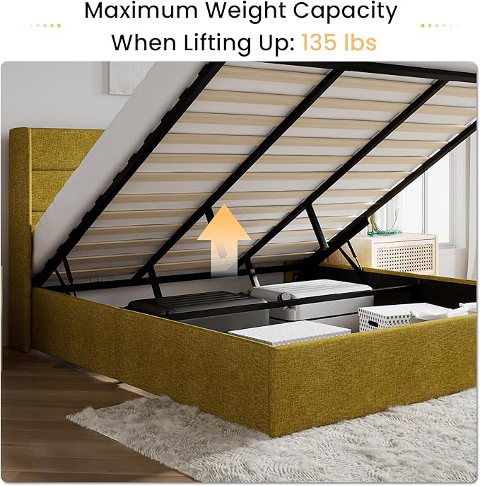 SHA CERLIN King Size Lift Up Storage Bed/Modern Wingback Headboard/Upholstered Platform Bed Frame/Hydraulic Storage/No Box Spring Needed/Wood Slats Support/Olive Yellow