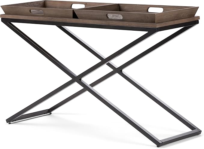 SIMPLIHOME Damien SOLID AGED ELM WOOD and Metal 50 inch Wide Modern Industrial Console Table in Distressed Natural Elm for the Living room Entryway and Bedroom