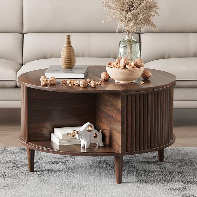 Round Coffee Table with Storage, Fluted Lift Top Coffee Table for Living Room, 31.5" Mid Century Modern Center Table with Sliding Cabinet Door, Walnut