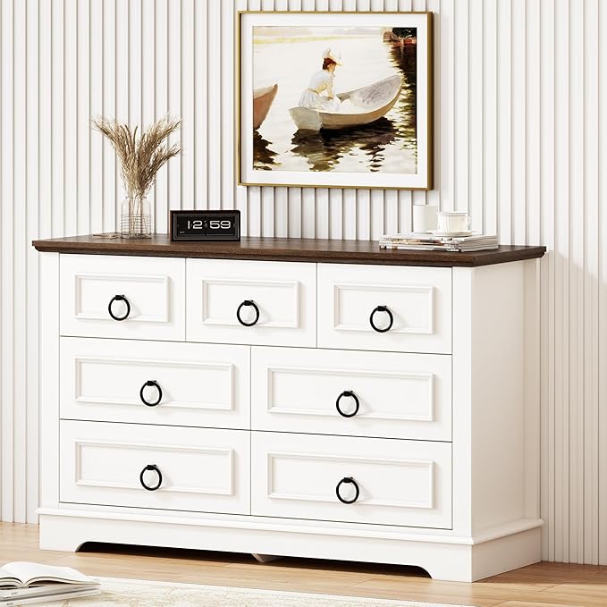 LIKIMIO White Dresser for Bedroom, 47.2" W Farmhouse 7 Drawer Dresser with Round Metal Handle, Thickened Desktop, Wood Rustic Chest of Drawers for Hallway, Entryway