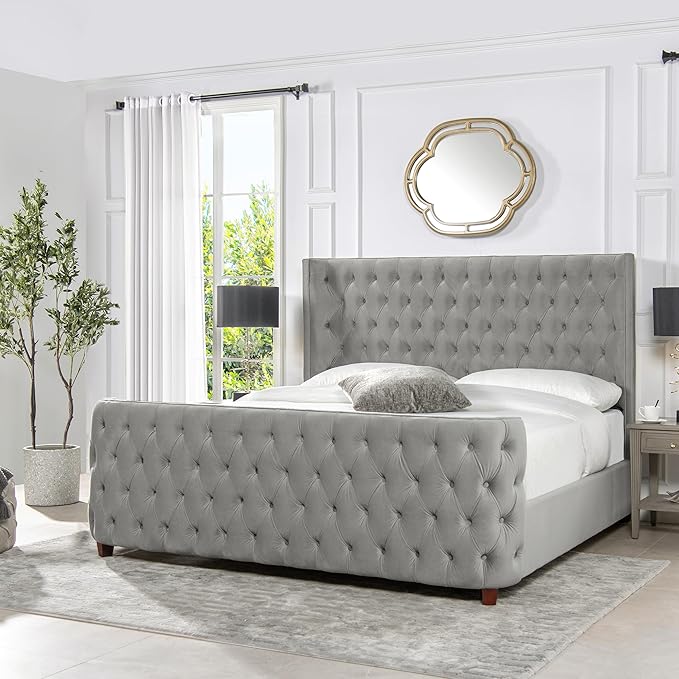 Jennifer Taylor Home Brooklyn King Tufted Panel Bed Headboard and Footboard Set, Opal Grey Velvet