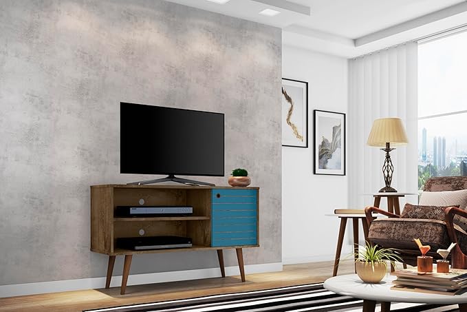 Manhattan Comfort Liberty Mid Century Modern TV Stand for Televisions up to 46 Inches, Bedroom and Living Room Entertainment Center with Storage, Shelves, and Cabinet, 43" Wide, Rustic Brown/Aqua
