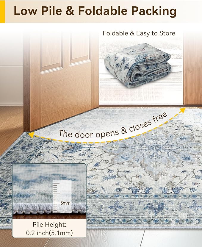 Area Rugs 8ft Washable Non-Slip, Floral Vintage Distress Print Pattern Medallion Carpet for Living Room Bedroom Dining Room, Light Blue Navy Beige Gray White