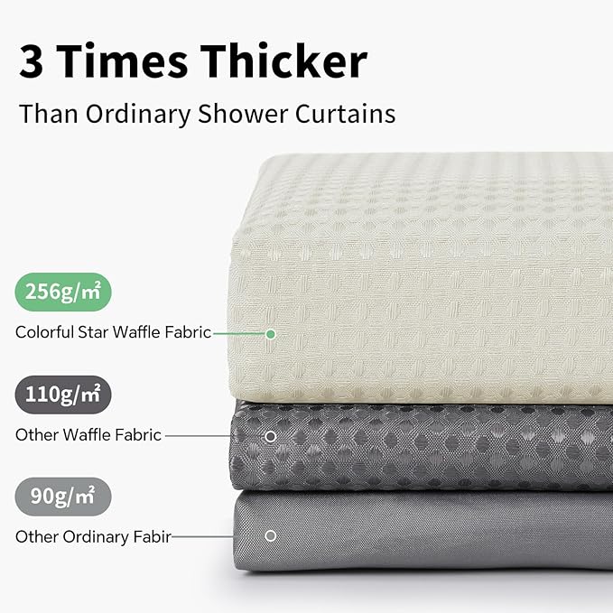 Colorful Star Small Stall Waffle Weave Shower Curtains, 256GSM Heavy Duty Shower Curtain with Snap in Fabric Liner, Hotel Style No Hook Waterproof Bathroom Curtain Set, 36 x 75 Inch, Ivory