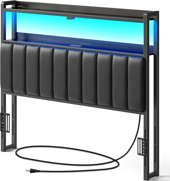 Rolanstar Headboard for Full Size Bed with Storage, 60,000 DIY Color of LED Light, Head Board with USB & Type C Port, Height Adjustable, Black Upholstered Cabeceras de Cama Comfortable Modern, Leather