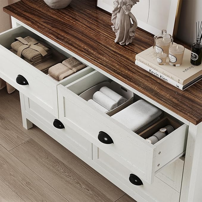 Farmhouse White Dresser for Bedroom, Modern 6 Drawer Double Dresser for Bedroom with Vintage Black Handle, Wide Wood Dressers & Chests of Drawers, 6 Drawer Dressers for Hallway, Antique White