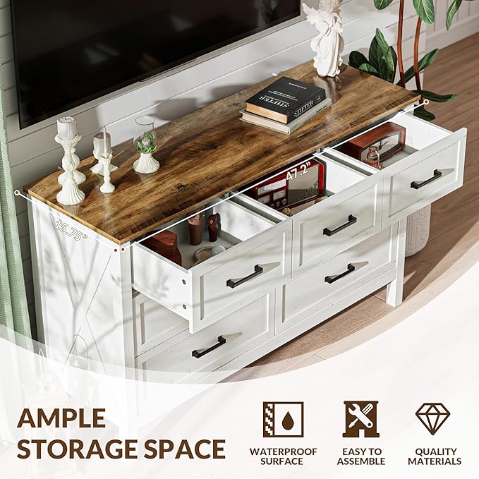 LYNSOM Farmhouse 7 Drawers Dresser for Bedroom, Wood Rustic Wide Chest of Drawers with Deep Drawers, Metal Handle, Storage Dressers Organizer for Entryway, Hallway, Antique White