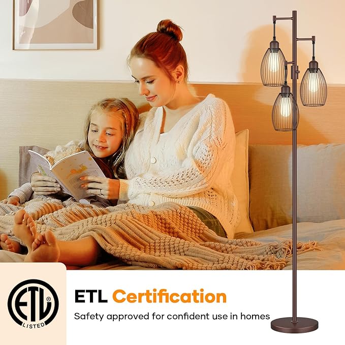 Nintiue Dimmable Floor Lamp,3x800LM LED Bulbs Included, Farmhouse Industrial Floor Lamp Standing Tree Lamp with Teardrop Cage Head Tall Lamp for Living Room Bedroom Office Dining Room - Matte Brown