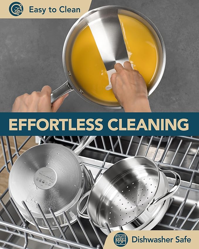 MICHELANGELO Stainless Steel Sauce Pot Set with Steamer 5Pcs, 18/10 Saucepan Set with Pour Spout & Strainer Glass Lids, Sauce pan with Triply Bottom Induction Compatible - 1QT & 2QT