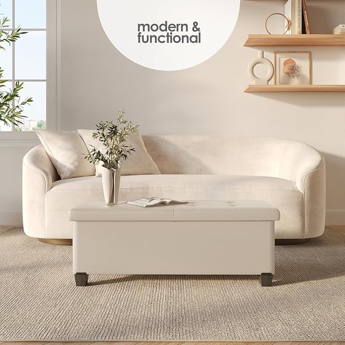 STORAGEBUD Storage Ottoman Bench with Bins, 43-in Storage Bench for Bedroom End of Bed, Folding Foot Rest Ottoman for Living Room Max 660lbs, Faux Leather Ottomans, Beige