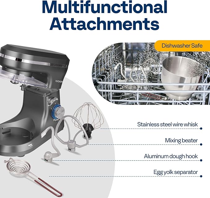 VIVOHOME 4.75 Quart Stand Mixer, 8 Speed Kitchen Electric Food Mixer, Household Stand Mixer for Baking, Cake, Bread with Beater, Dough Hook, Wire Whip and Egg Separator, Gray