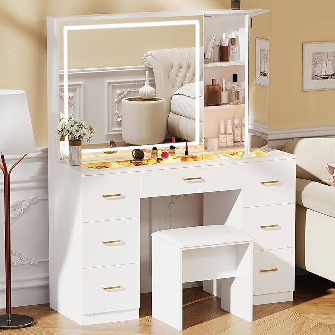 Galss Top Vanity Desk with Mirror and Lights, Large Storage Makeup Vanity with 7 Drawers, White Vanity Table with Side Glass Cabinet, Adjustable Brightness Dressing Table Set with Stool