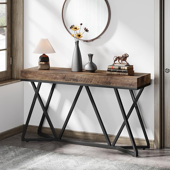 Tribesigns 55 Inch Console Table, Farmhouse Sofa Table Wood Entryway Table with Unique Metal Base, Behind The Couch Table Foyer Table, Industrial Accent Table for Hallway, Living Room, Rustic Brown