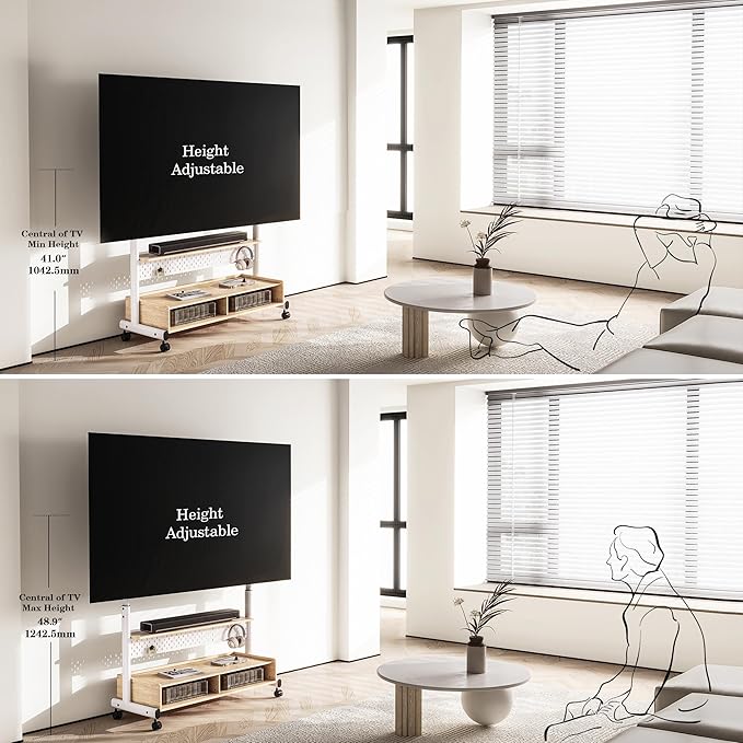 FITUEYES Rolling TV Stand Mount for 70 to 100 Large TV Screens，Mobile TV Floor Stand on Wheels with Ample Storage Pegboard & Wooden Shelf, Rolling TV Cart Hold up to 176 lbs, Max VESA 850 x 600