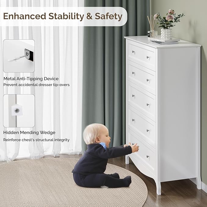 VINGLI White Dresser 5 Drawer Chest of Drawers for Bedroom, 44.5" Tall Wood Dresser with Drawers, 29.92" W*15.75" D*44.49" H